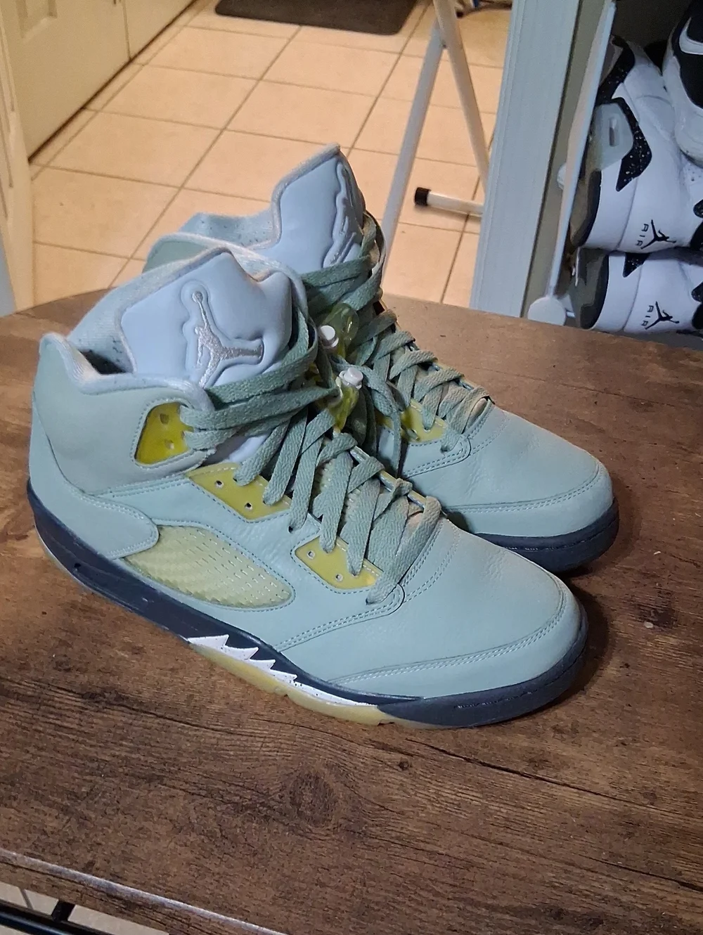 Jordan Retro 5 Men’s Sneakers — Sage Green with Yellow Accents